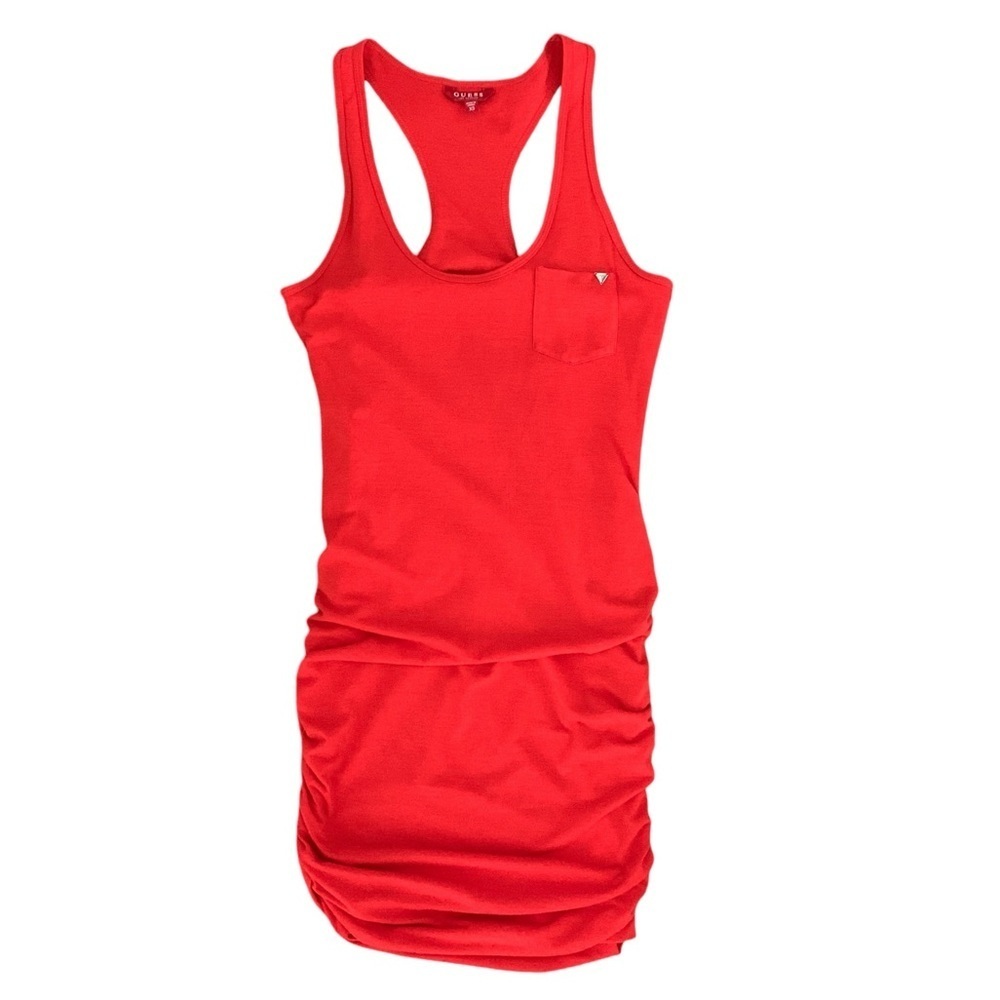 GUESS XS/S bright bodycon red racer back scoop neck ruched mini dress​​​